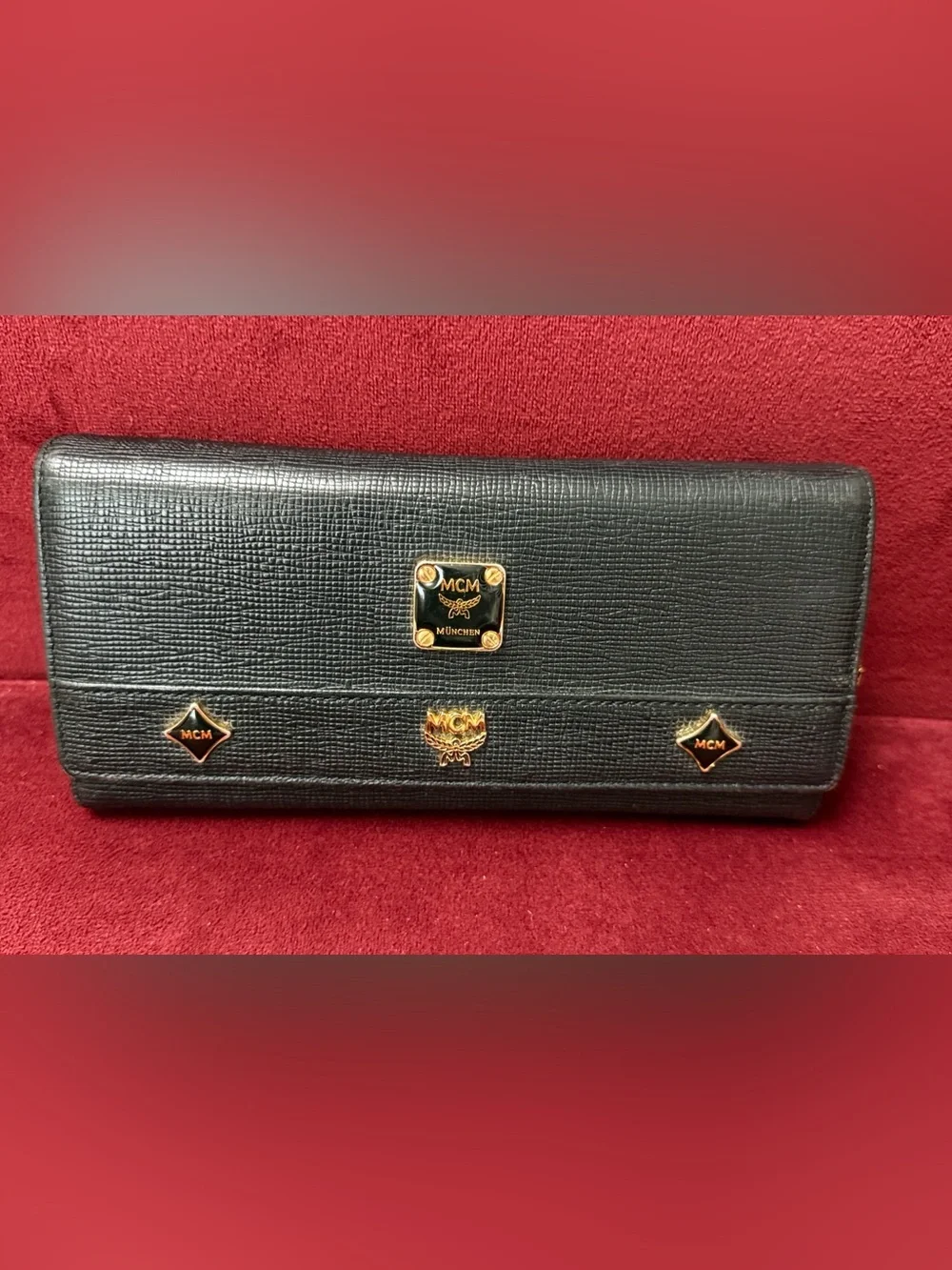MCM Black Textured Leather Continental Wallet with Gold Accents